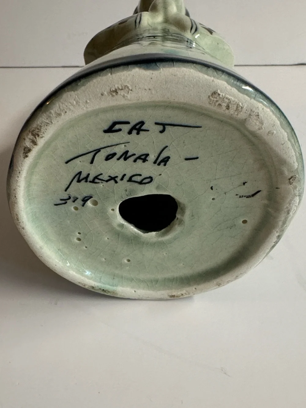 Vintage 1960s CAT Signed Tonala Pottery Angel Candle Holder.Gray + Blue Folk Art